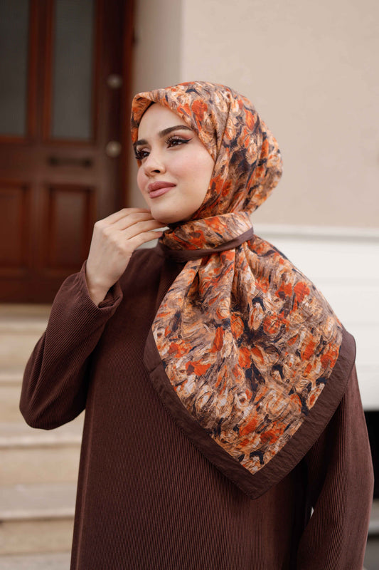 Tensel Eşarp - Batik Desen - Kahve Kiremit