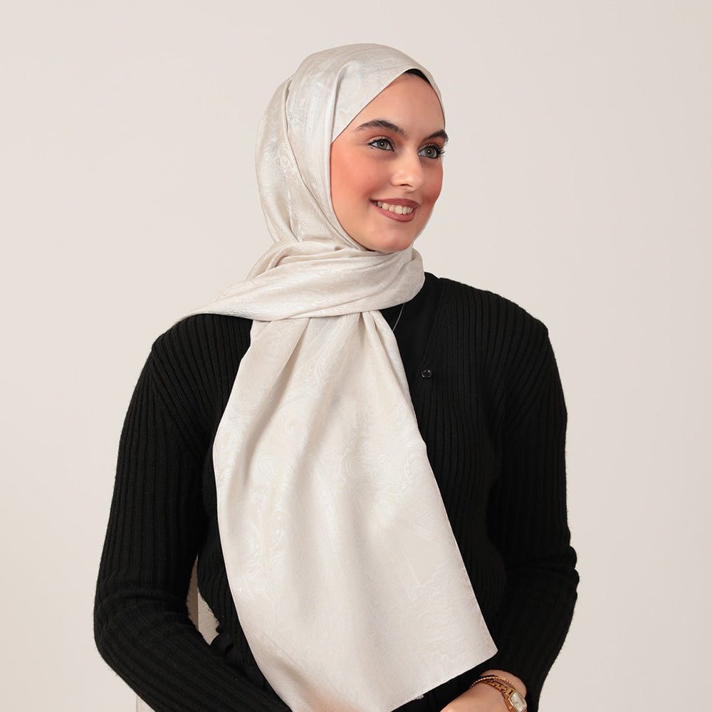 İpeksi Çift Taraflı Jakar Şal - Hint - İnci Beyazı