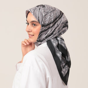 Pamuk İpek Eşarp - Hint Desen - Siyah Taş