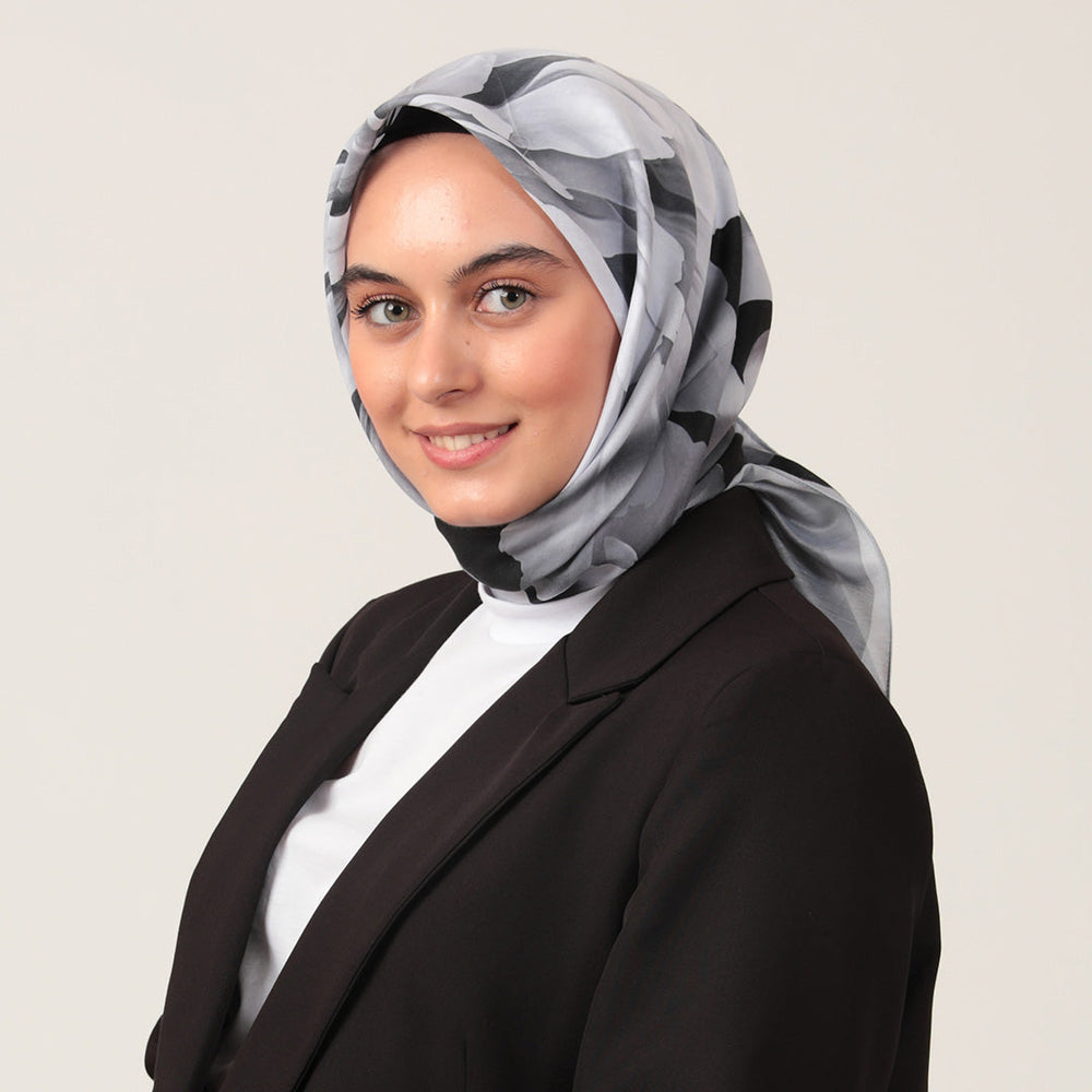 Pamuk İpek Eşarp - Lotus Desen - Antrasit