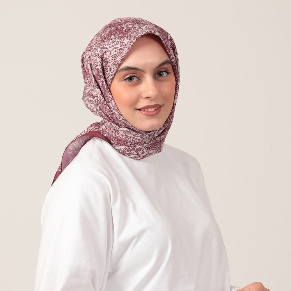 Pamuk İpek Eşarp - Mandala Desen - Bordo Krem