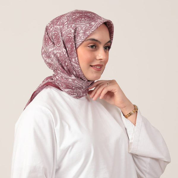 Pamuk İpek Eşarp - Mandala Desen - Bordo Krem