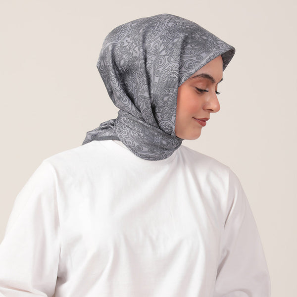 Pamuk İpek Eşarp - Mandala Desen - Gri