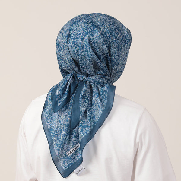 Pamuk İpek Eşarp - Mandala Desen - İndigo