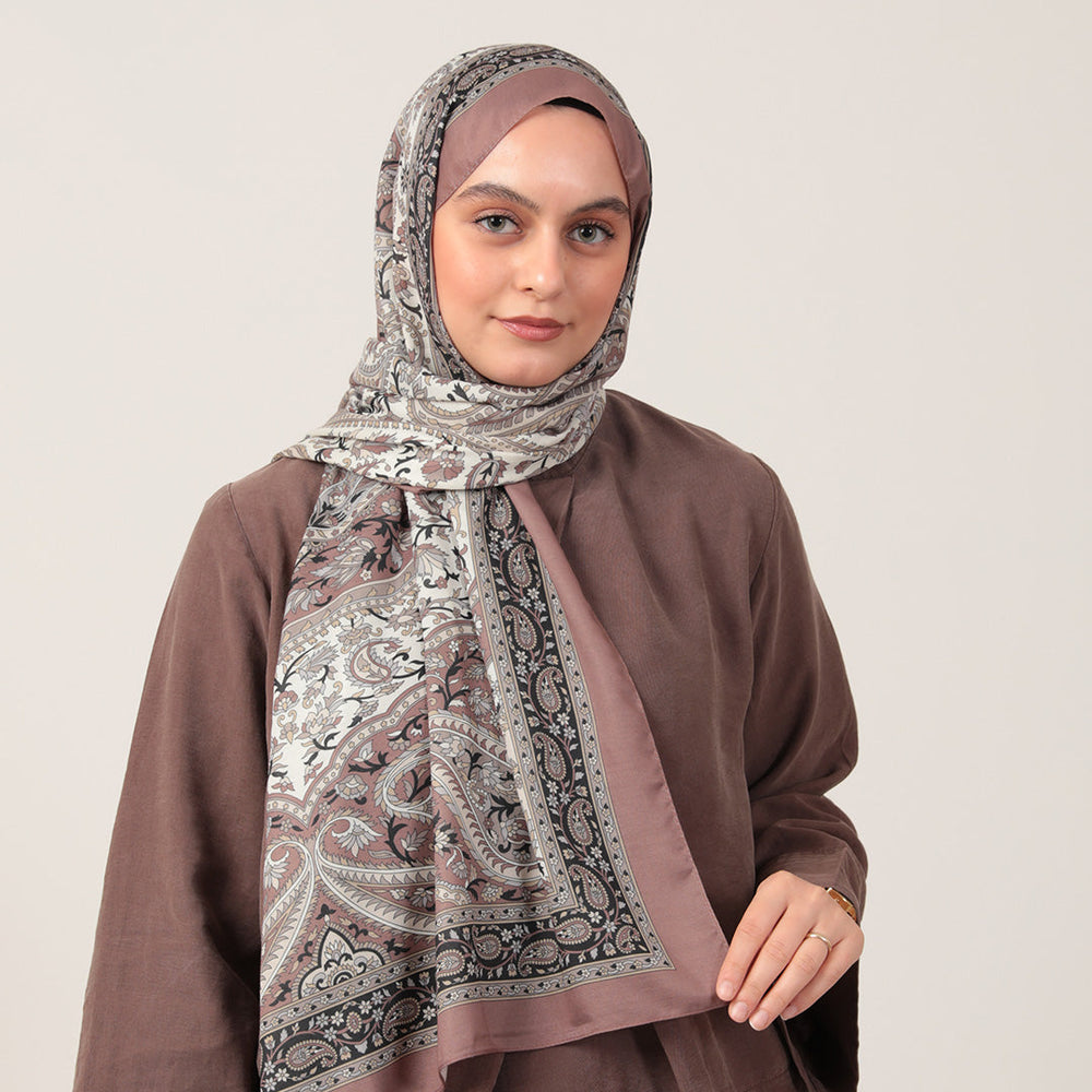 Pamuk İpek Şal - Badem Desen - Gül Kurusu