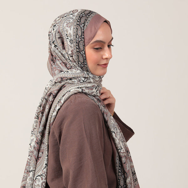 Pamuk İpek Şal - Badem Desen - Gül Kurusu