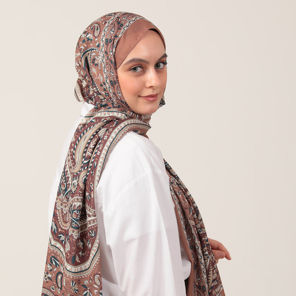 Pamuk İpek Şal - Badem Desen - Kahverengi