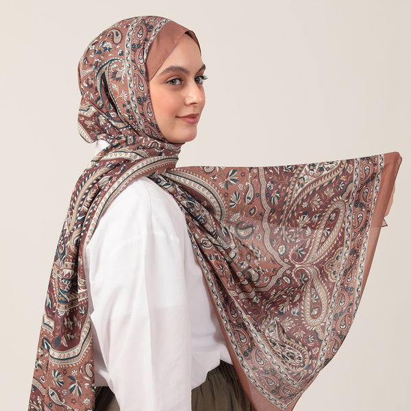 Pamuk İpek Şal - Badem Desen - Kahverengi