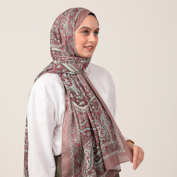 Pamuk İpek Şal - Badem Desen - Koyu Gül Kurusu