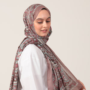 Pamuk İpek Şal - Badem Desen - Koyu Gül Kurusu