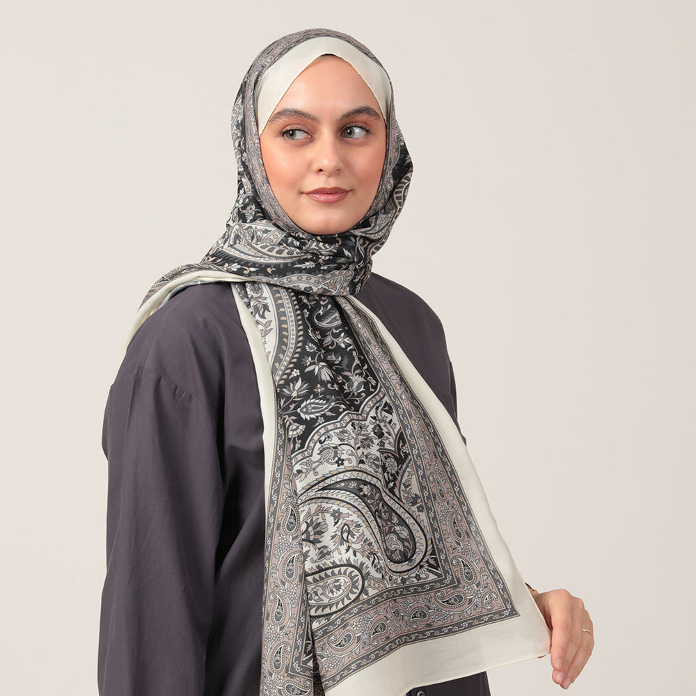 Pamuk İpek Şal - Badem Desen - Krem