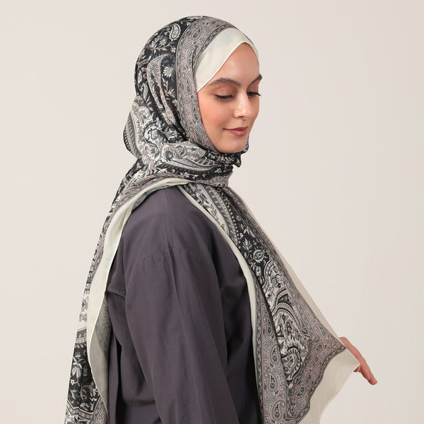 Pamuk İpek Şal - Badem Desen - Krem