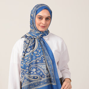 Pamuk İpek Şal - Badem Desen - Saks Mavisi