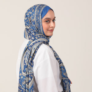 Pamuk İpek Şal - Badem Desen - Saks Mavisi
