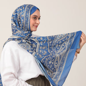 Pamuk İpek Şal - Badem Desen - Saks Mavisi