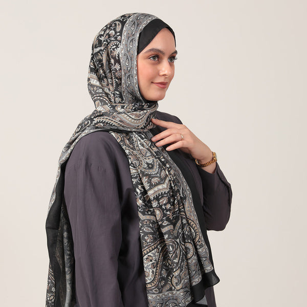 Pamuk İpek Şal - Badem Desen - Siyah Füme