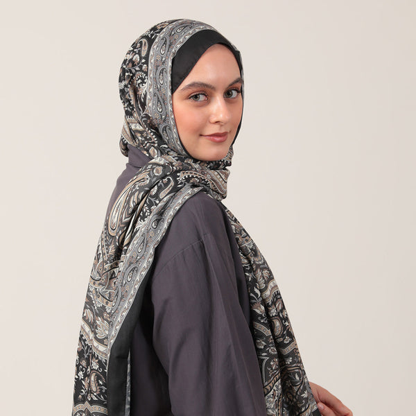 Pamuk İpek Şal - Badem Desen - Siyah Füme