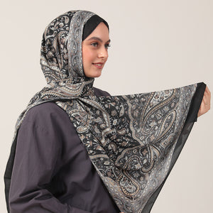 Pamuk İpek Şal - Badem Desen - Siyah Füme