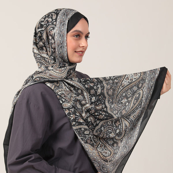 Pamuk İpek Şal - Badem Desen - Siyah Füme