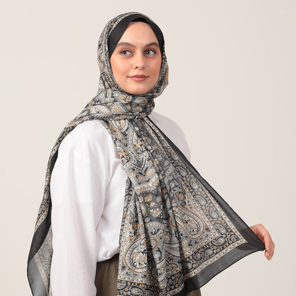 Pamuk İpek Şal - Badem Desen - Siyah Gri