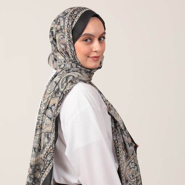 Pamuk İpek Şal - Badem Desen - Siyah Gri