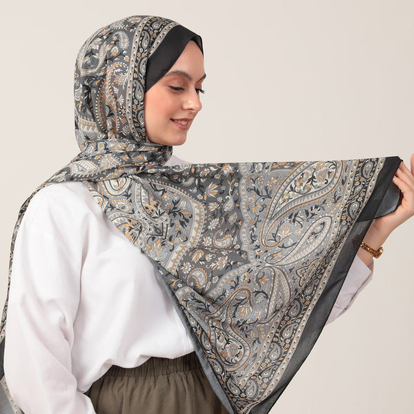 Pamuk İpek Şal - Badem Desen - Siyah Gri