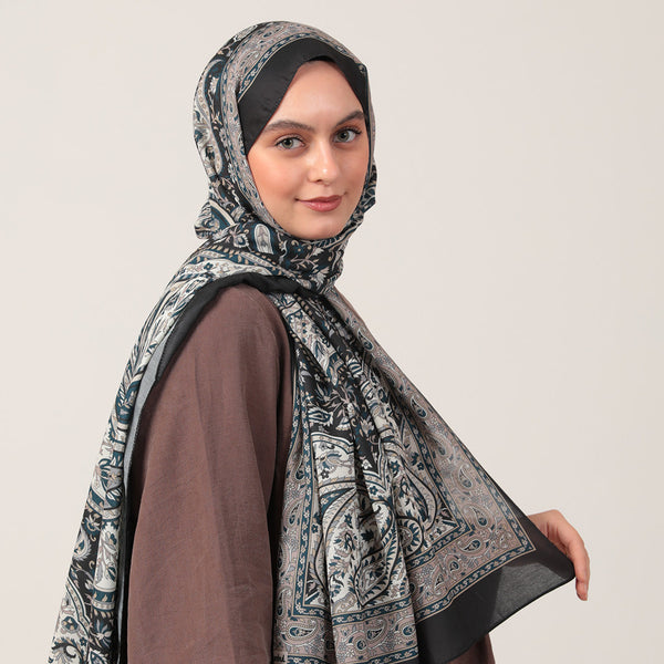 Pamuk İpek Şal - Badem Desen - Siyah Vizon