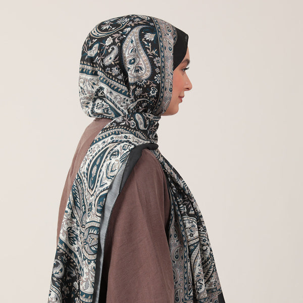 Pamuk İpek Şal - Badem Desen - Siyah Vizon