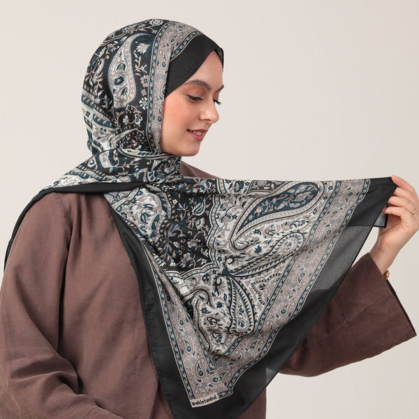 Pamuk İpek Şal - Badem Desen - Siyah Vizon