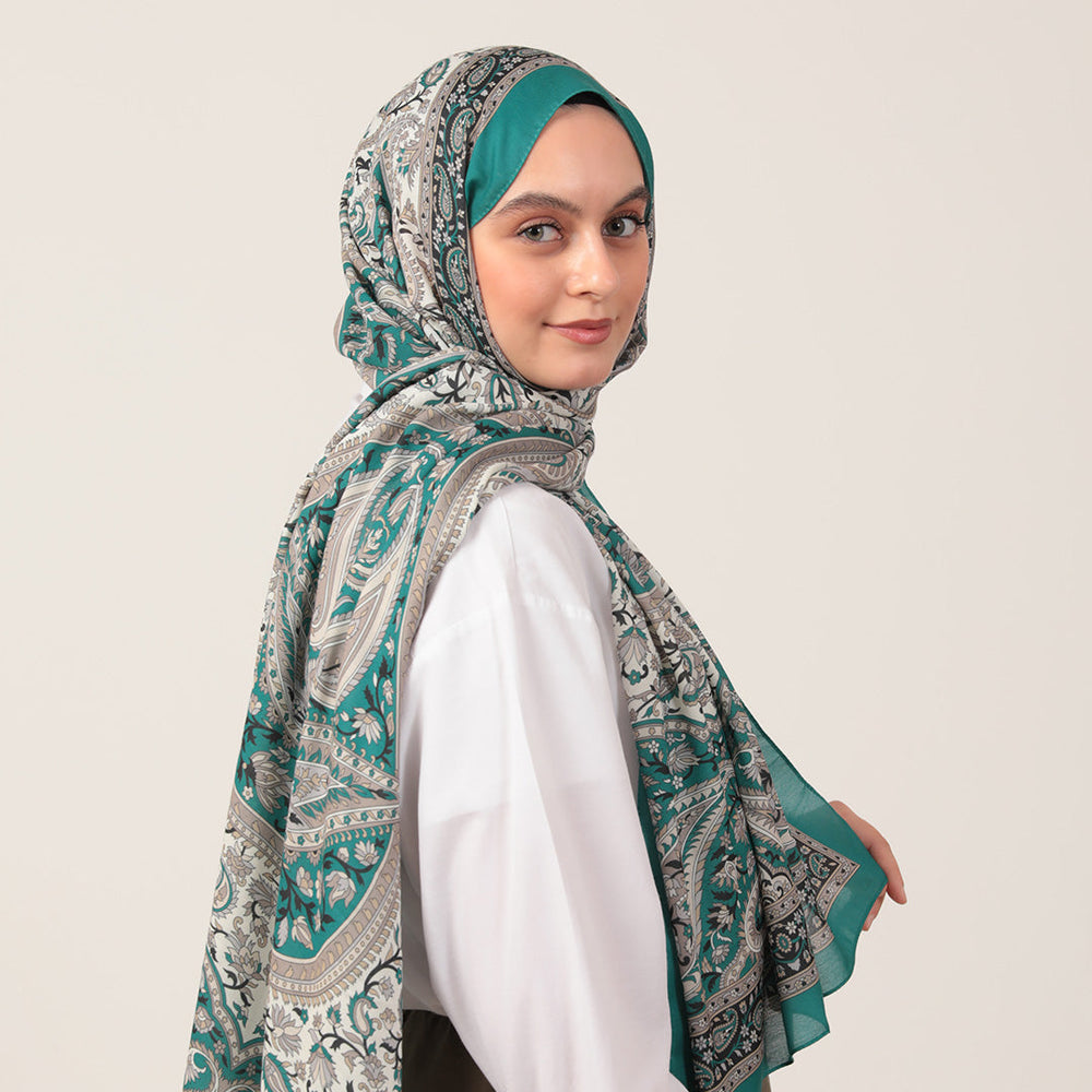 Pamuk İpek Şal - Badem Desen - Zümrüt Yeşili