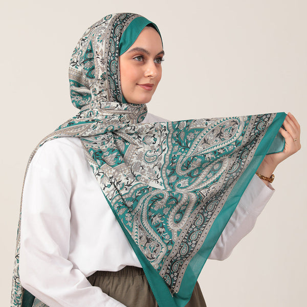 Pamuk İpek Şal - Badem Desen - Zümrüt Yeşili