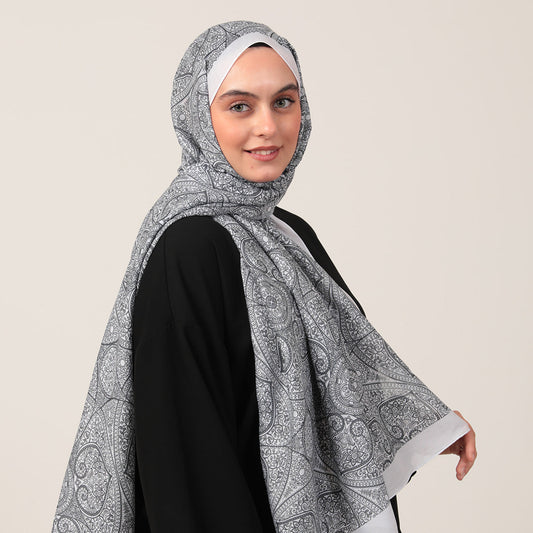 Pamuk İpek Şal - Henna Desen - Beyaz