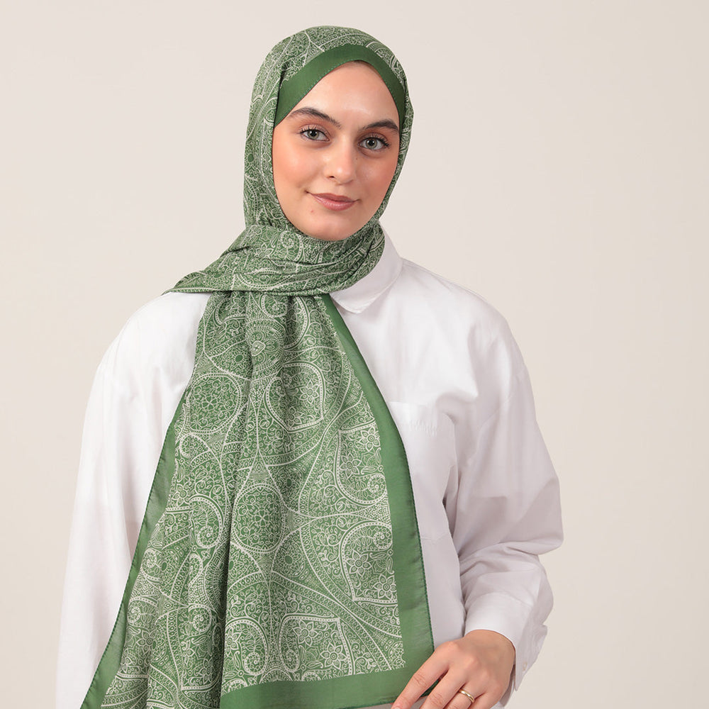 Pamuk İpek Şal - Henna Desen - Yeşil