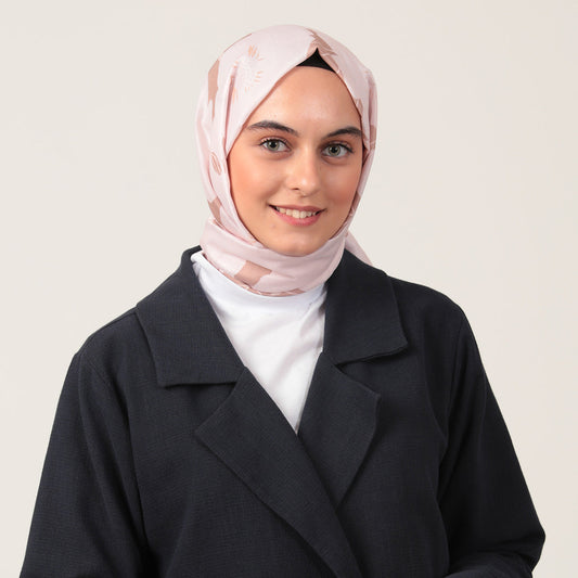 Pamuk İpek Şal - Manolya Desen - Pudra