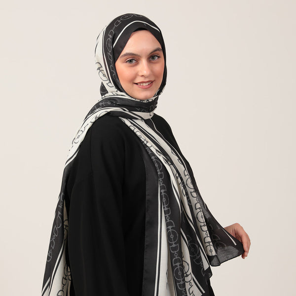 Pamuk İpek Şal - Zincir Desen - Siyah Beyaz