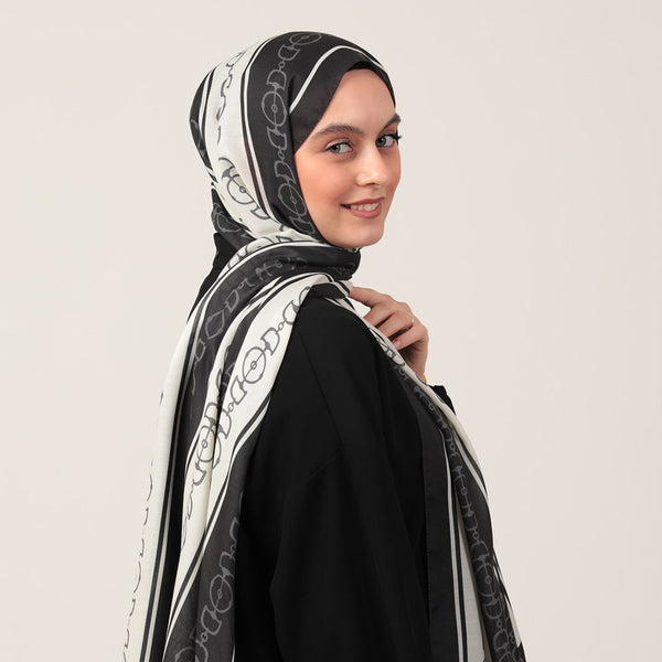 Pamuk İpek Şal - Zincir Desen - Siyah Beyaz