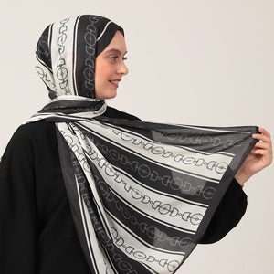 Pamuk İpek Şal - Zincir Desen - Siyah Beyaz