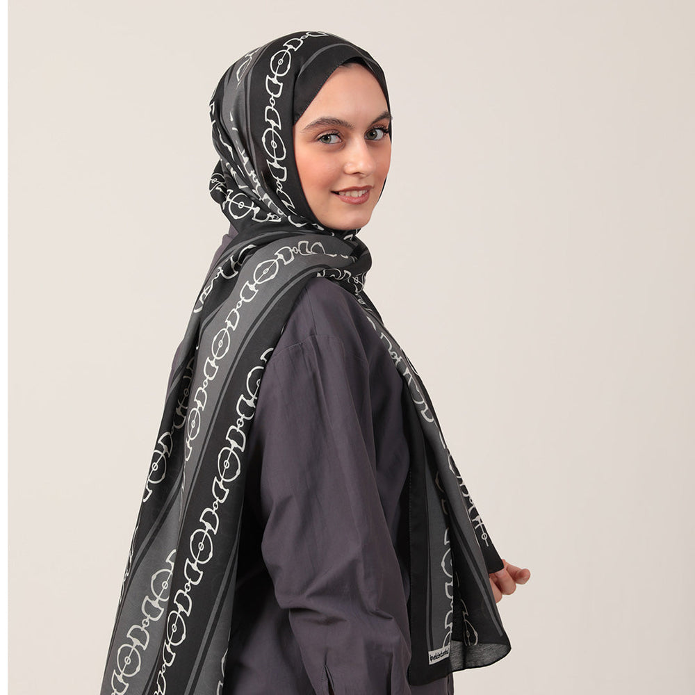 Pamuk İpek Şal - Zincir Desen - Siyah Füme