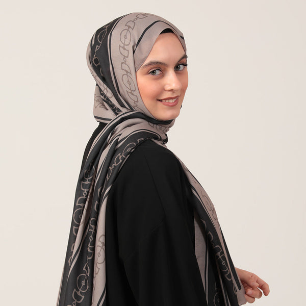 Pamuk İpek Şal - Zincir Desen - Siyah Vizon