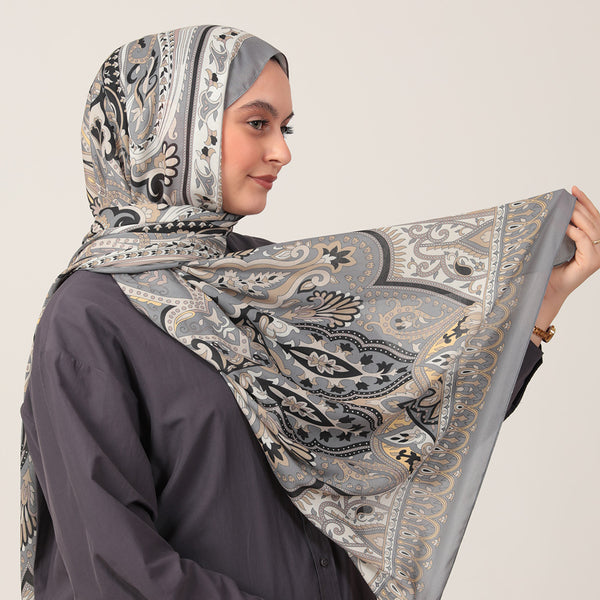 Pamuk İpek Şal - Barok Desen - Gri