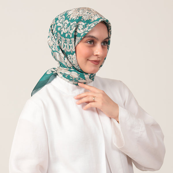 Pamuk İpek Eşarp - Dönence Desen - Zümrüt Yeşili