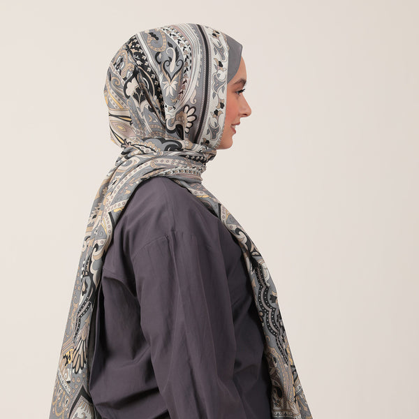 Pamuk İpek Şal - Barok Desen - Gri