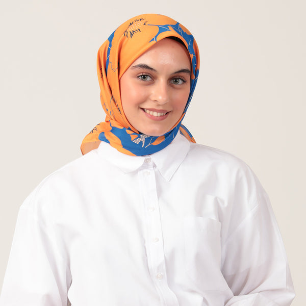 Pamuk İpek Eşarp - Manolya Desen - Oranj Saks