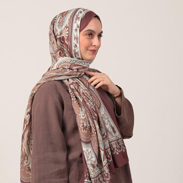 Pamuk İpek Şal - Barok Desen - Kahverengi