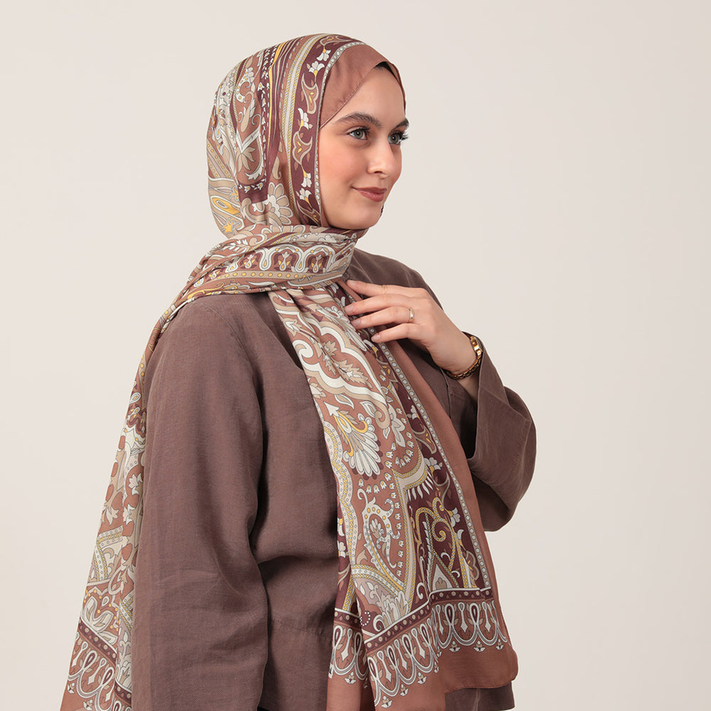 Pamuk İpek Şal - Barok Desen - Camel