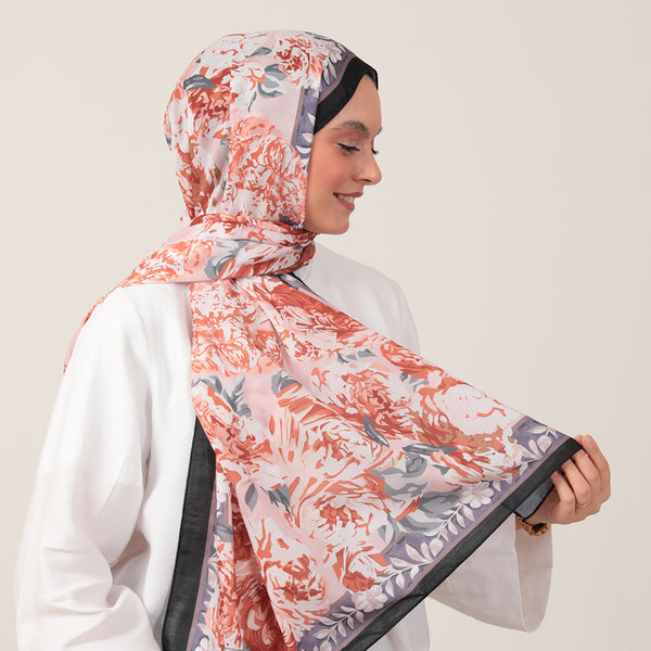 Pamuk İpek Şal - Floral Desen - Kiremit
