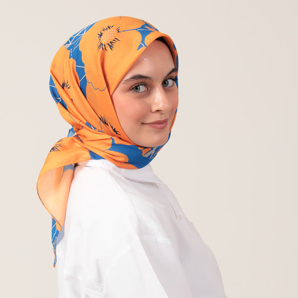 Pamuk İpek Eşarp - Manolya Desen - Oranj Saks