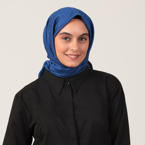 Yün İpek Eşarp - Zincir Desen - Saks Mavisi