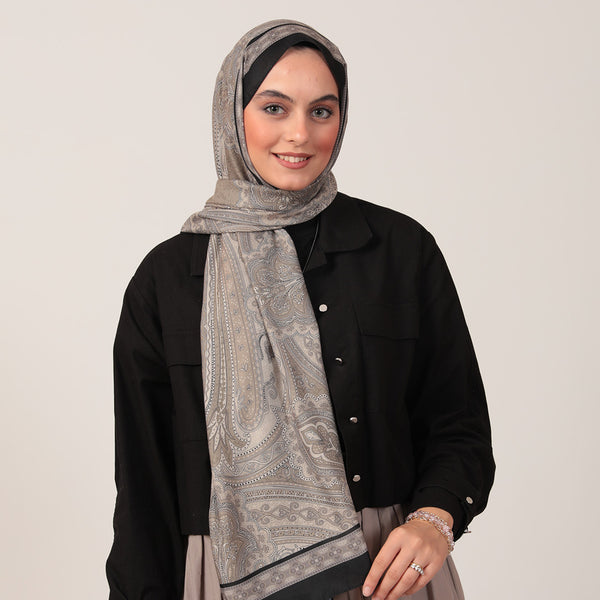 Pamuk İpek Şal - Hint Desen - Siyah Krem