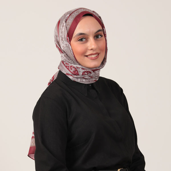 Pamuk İpek Şal - Hint Desen - Koyu Bordo